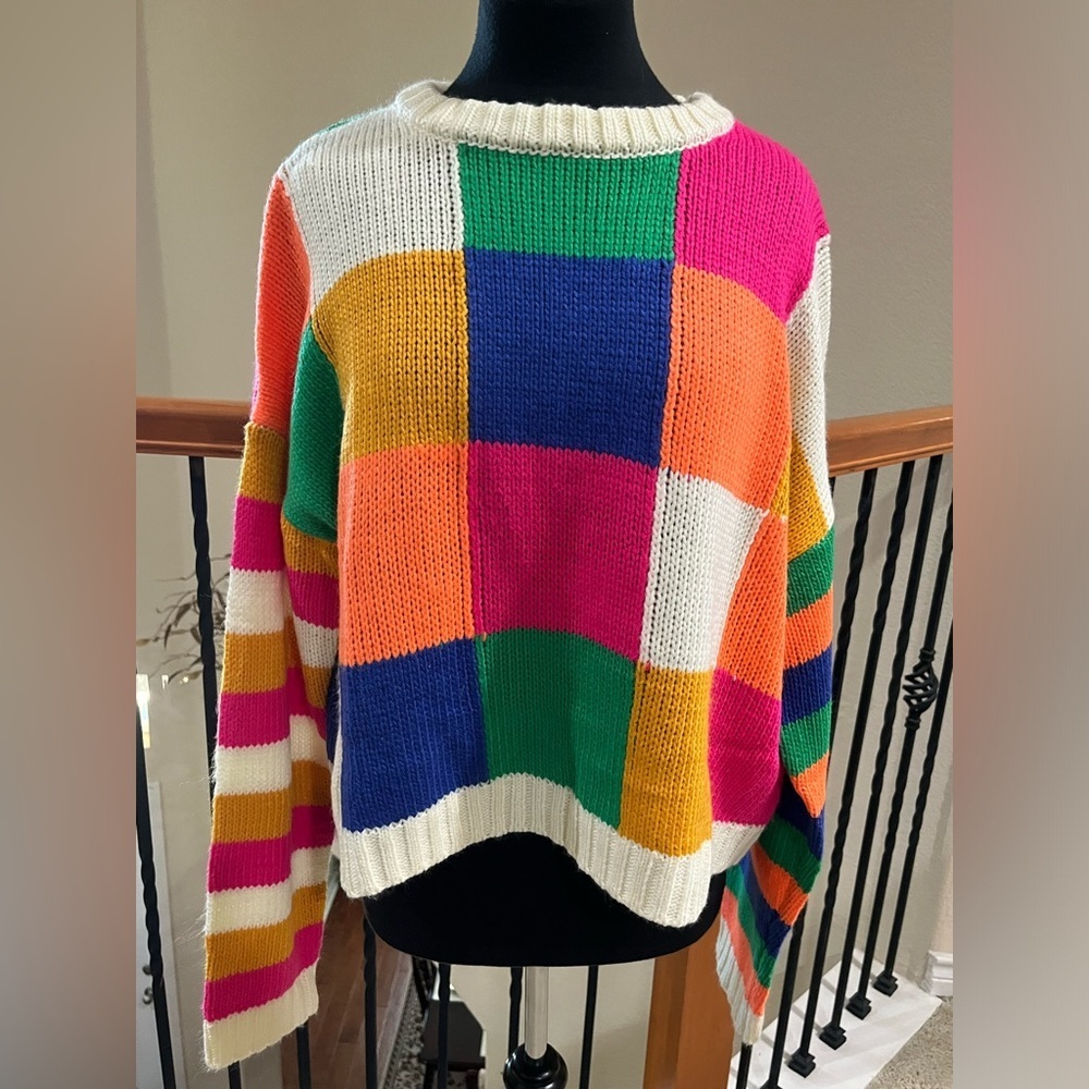 DAVI & DANI Hot Pink Knit COLOR BLOCK SWEATER with Cream Trim SWEATER SIZE L